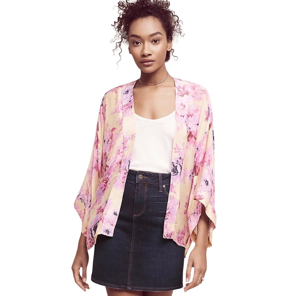 Anthropologie Erfurt Kimono Top Yellow Pink Floral Luxury Boho Open Front OS